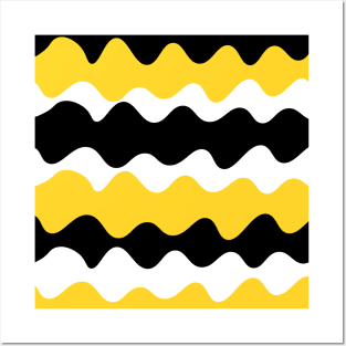 Yellow, black and white horizontal waves pattern Posters and Art